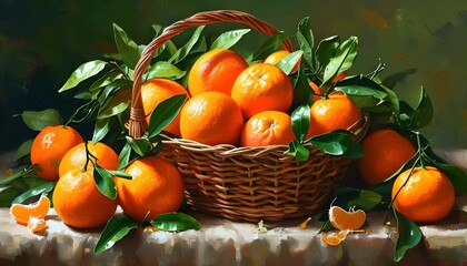 Vibrant still life of a basket brimming with ripe oranges nestled among lush green leaves showcasing fresh fruits textures and colors