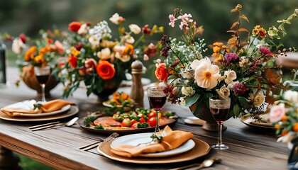 Elegant outdoor dining setup with gourmet dishes, vibrant floral arrangements, and stylish tableware for a festive gathering