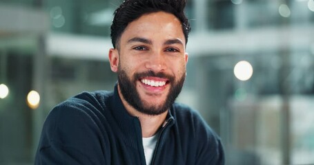 Leinwandbilder - Man, face and office with laptop and smile for web design job, professional or employee for corporate. Male person, workplace and happiness for website development in company with technology