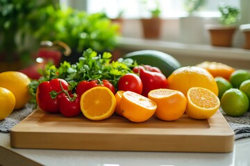 Wall Mural - Fresh oranges, tomatoes, and limes on a wooden cutting board. Healthy eating, cooking, and food photography.