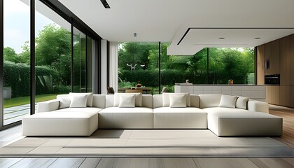 Contemporary living room with sleek white sectional, minimalist kitchen, and expansive windows framing a lush green garden view