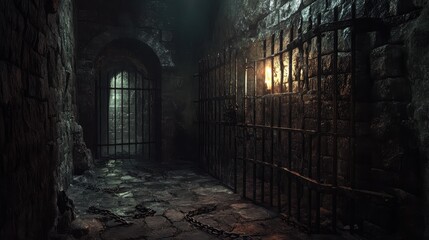 Poster - A medieval dungeon filled with old, rusted chains, iron bars, and the cold glow of a single torch flickering on the stone walls as shadows move in the corners