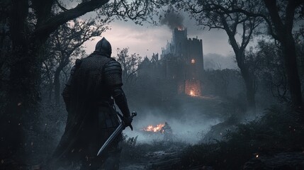 Poster - A medieval knight fighting in a dark forest, with twisted trees, fog creeping along the ground, and the glow of a distant castle in the background