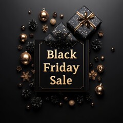 Wall Mural - Black Friday Sale banner featuring an open gift box surrounded by Christmas decorations on a dark background designed for promotional use in advertising materials