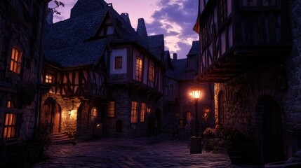 Poster - A medieval market square at dusk, with flickering lanterns, old stone buildings, and shadowy figures lurking in the narrow streets