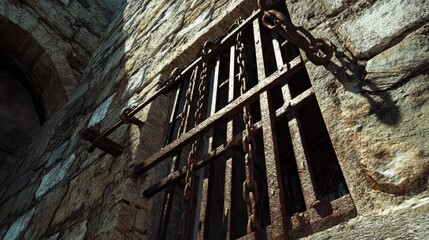 Poster - A medieval prison tower with iron bars on the windows, rusty chains hanging from the stone walls, and eerie shadows moving behind the bars