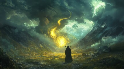 Sticker - A medieval sorcerer summoning a glowing, enchanted dragon in the middle of a stormy valley, with dark clouds swirling overhead and lightning striking the ground