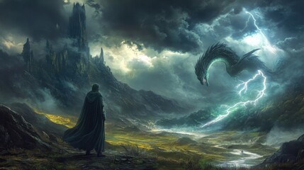 A medieval sorcerer summoning a glowing, enchanted dragon in the middle of a stormy valley, with dark clouds swirling overhead and lightning striking the ground