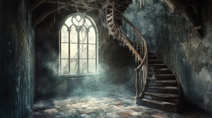 Canvas Print - A medieval tower room with a spiral staircase, cobwebs hanging from the ceiling, and an old window overlooking a fog-covered landscape