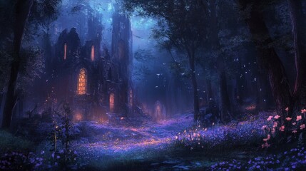 Canvas Print - A mystical medieval forest filled with glowing flowers, ancient ruins covered in magical energy, and mysterious creatures hiding in the shadows of the trees