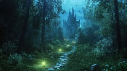 Canvas Print - A mystical medieval forest with glowing stones marking the path, enchanted animals watching from the shadows, and an ancient, forgotten castle hidden among the trees