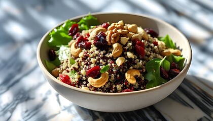 Vibrant quinoa salad adorned with dried cranberries and nuts on a marble countertop, illuminated by bright natural light