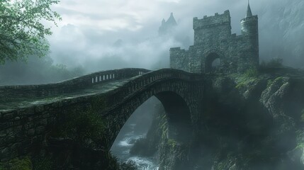 A narrow medieval bridge crossing a deep ravine, with crumbling stone railings, mist rising from below, and a distant castle shrouded in fog