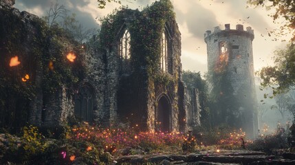 Canvas Print - A ruined medieval castle overtaken by magical vines, glowing flowers blooming in the cracks of the stone walls, and ethereal spirits drifting through the broken towers