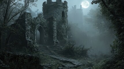 Canvas Print - A ruined medieval castle with broken towers, overgrown ivy, and crumbling walls, surrounded by a misty forest and lit by the pale light of the moon