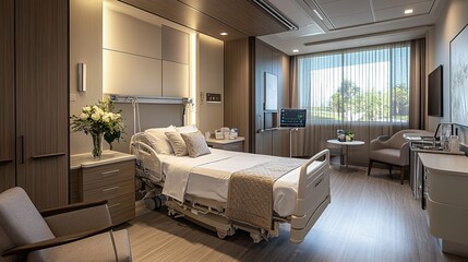 A high-resolution image of a luxury private hospital suite, featuring elegant design, high-end amenities, and personalized care services.