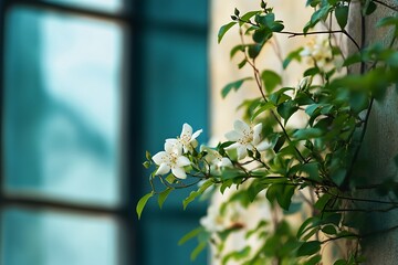 White flowers blooming by a window, floral backdrop, greenery, nature