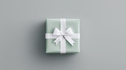 Elegantly wrapped pale green gift box with a white ribbon and bow on a matching green background.