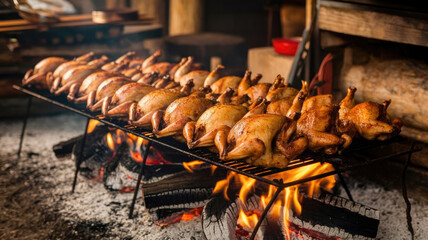 A row of roasted chickens on a grill. The fire is hot and the smoke is rising. The chickens are cooked and ready to be eaten