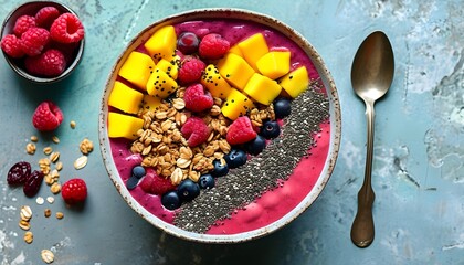 Vibrant smoothie bowl adorned with fresh berries, crunchy granola, chia seeds, and luscious mango pieces in an artistic bowl