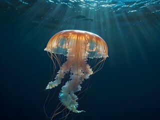 This is a dreamlike, soothing image. A serene underwater scene shows a translucent jellyfish floating peacefully in deep blue water. Soft sunlight filters through the surface, illuminating