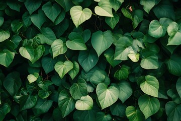 Green heart shaped leaves pattern background,  lush foliage, plant texture, green nature