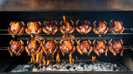 A row of roasted chickens on a grill. The fire is hot and the smoke is rising. The chickens are cooked and ready to be eaten