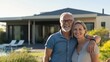 © Luiri Art - Happy senior couple smiling and hugging in front of their modern luxury villa on a sunny day