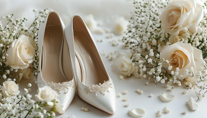 Chic White Wedding Shoes Adorned with Roses and Babys Breath on a Pristine Background, Capturing Romantic Bridal Essence for a Dream Ceremony