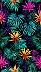 Wall Mural - fresh neon seamless tropical background illustration colors lights leaves palm vivid summer colorful
