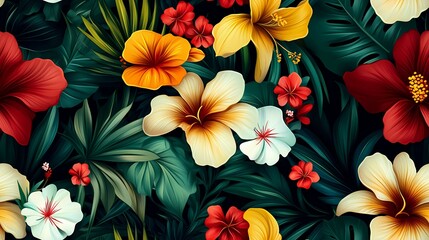 Vibrant Tropical Flowers and Lush Green Foliage Seamless Pattern