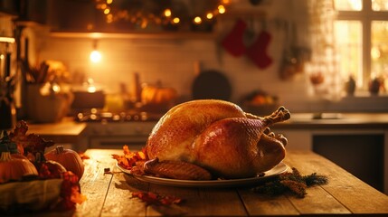 A perfectly roasted turkey sitting on a wooden table in a cozy kitchen, surrounded by autumn decorations and warm light.