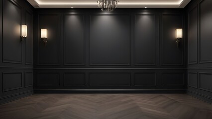 Aufkleber - illustration of interior design with black wall and brown wooden floor, empty space picture