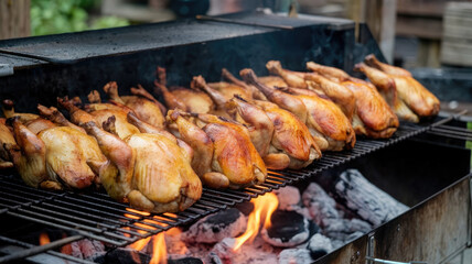 A row of roasted chickens on a grill. The fire is hot and the smoke is rising. The chickens are cooked and ready to be eaten