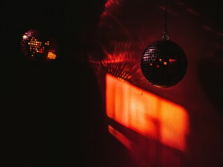 Two disco balls with light reflections create a vibrant atmosphere in a dimly lit space.