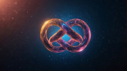 Poster - Digital artwork featuring a glowing infinity symbol, composed of a translucent material with a gradient color scheme transitioning from pink and purple to orange and yellow