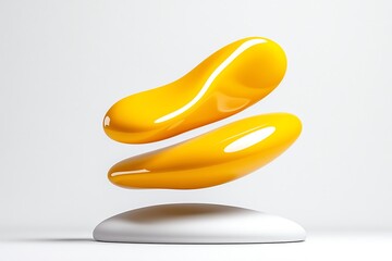 Poster - Minimalist mustard yellow abstract shapes, floating against a clean white background with soft shadows