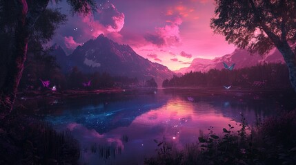 Wall Mural - This image depicts a serene and enchanting landscape featuring a calm lake reflecting a majestic mountain range under a vibrant, pink-purple sunset sky. The scene is further enhanced by a few ethereal