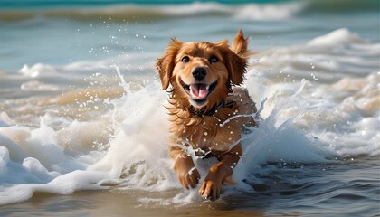 Joyful dog splashing in beach waves, embodying happiness and playfulness in the sunlit shoreline.