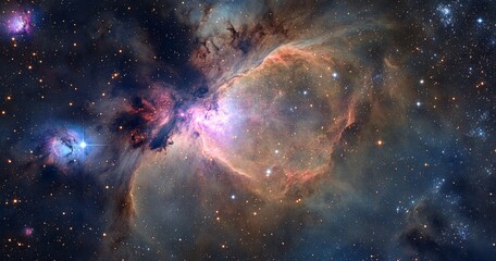Vibrant cosmic nebula with stars and galaxies in the Milky Way, featuring glowing nebulous clouds in shades of dark blue, purple, pink, white, and gold in a hyper-realistic space scene.