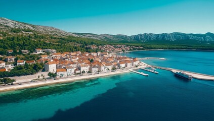 Aerial view of Kupari, Croatia, showcasing white buildings with red roofs surrounded by turquoise sea and mountains. Clear blue summer sky with a visible harbor on the right.