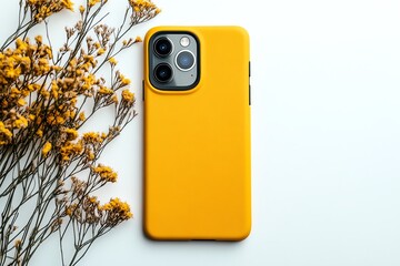 Wall Mural - Minimalist mustard yellow phone case, placed on a simple white background with soft natural light