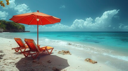 Relaxing on the Beach: Two Red Chairs and Umbrella on a Sunny White Sand Beach with Ocean View