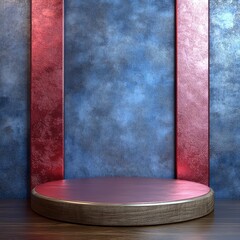 Wall Mural - Wooden Platform with Red and Blue Wall Background