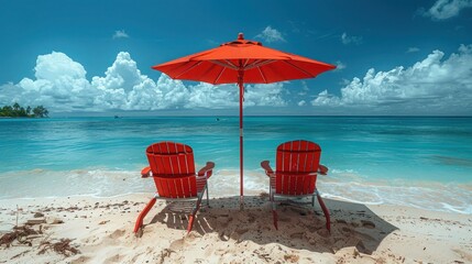 Relaxing on the Beach: Two Red Chairs and Umbrella on a Sunny White Sand Beach with Ocean View