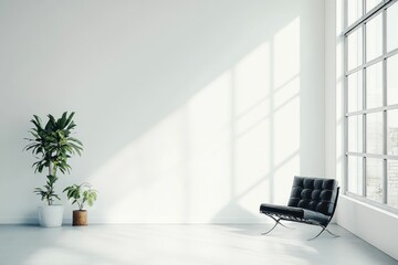 Wall Mural - minimalist interior design, modern lounge area with plants, natural light, black chair, bright white walls, spacious atmosphere, contemporary aesthetics, stylish decor, urban setting