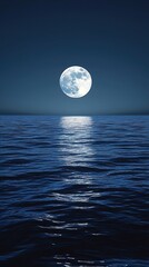 the image showcases a serene night scene over the ocean with a full moon high above the horizon. the