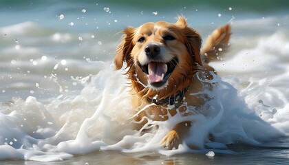 Joyful dog frolicking in beach waves, embodying pure happiness and playfulness in a sunny seaside paradise