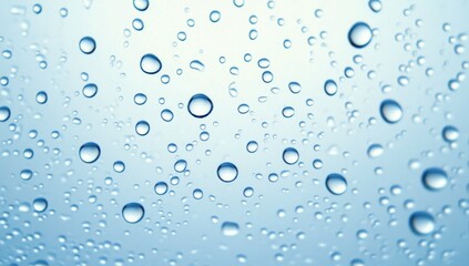 Close-up of water droplets on glass against a light blue background, highlighting the clarity and beauty of each raindrop, symbolizing tranquility and the serenity of nature.