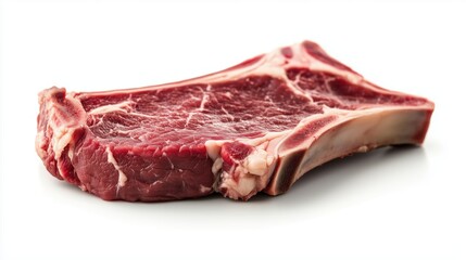 Close-up of a raw T-bone steak on a white background, showcasing marbling and texture.